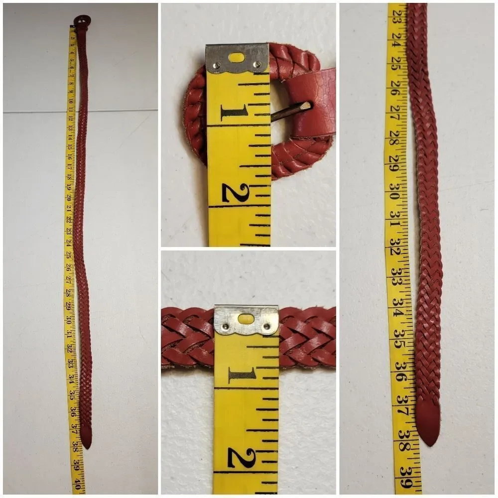 Vintage Braided Woven Coral Red Leather Belt Boho Slender Slim